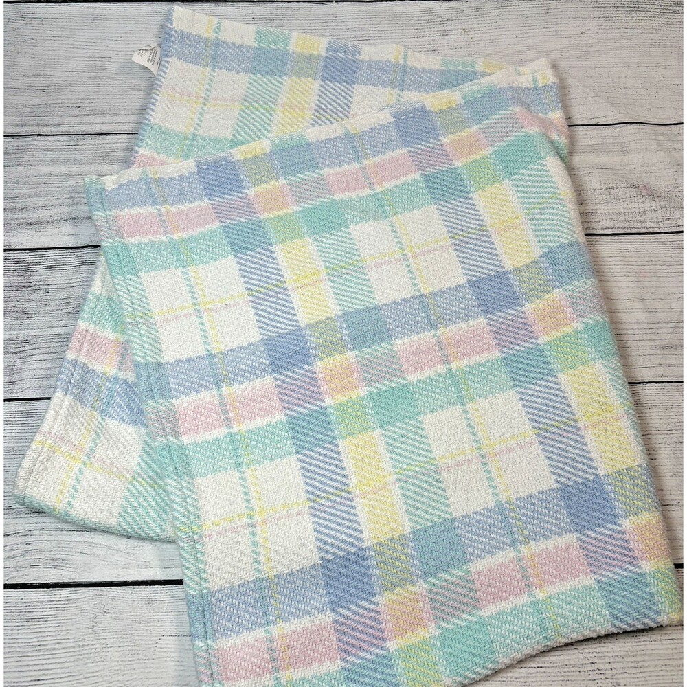 Vintage Gerber Thermal Weave Crib Blanket Pastel Plaid Check Cotton 32" x 37"